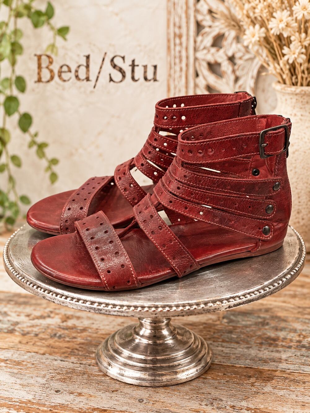 BED|STÜ Artemis Red Leather Gladiator Sandals Back Zip Women’s Size 10